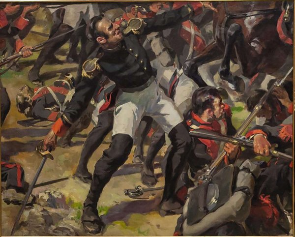 Batalla de soldados con espadas y rifles — Tito Salas
