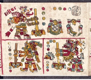 Páginas de un códice prehispánico con deidades y guerreros — Anónimo mesoamericano