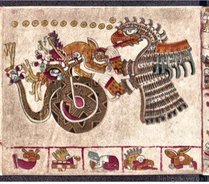 Quetzalcóatl devorando un corazón en un códice precolombino