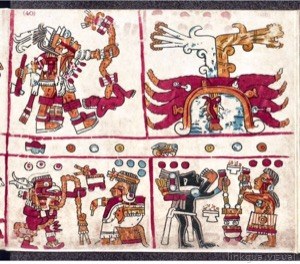 Ilustración de códice prehispánico con escenas mitológicas y rituales