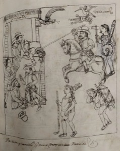 Escena de la conquista con indígenas y españoles — Anónimo (ilustración colonial)