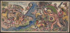 Escena bélica y fluvial de la conquista — Anónimo (ilustración colonial)