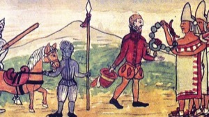 Encuentro de Conquistadores con Indígenas — Anónimo (ilustración colonial)