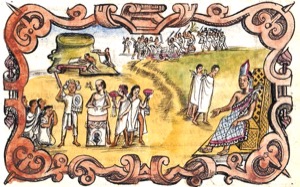 Escena de la vida y rituales aztecas en un códice ilustrado — Anónimo tlacuilo mexica