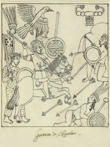 Conquista de México: Encuentro de españoles e indígenas — Anónimo (ilustración colonial)
