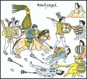 Encuentro Bélico Indígena y Español con Caballo y Tropas — Anónimo (ilustración colonial)
