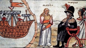 Encuentro de Hernán Cortés y la Malinche — Anónimo (ilustración colonial)