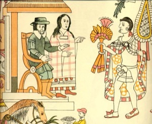 Encuentro entre conquistador español y líder mexica — Anónimo tlacuilo mexica