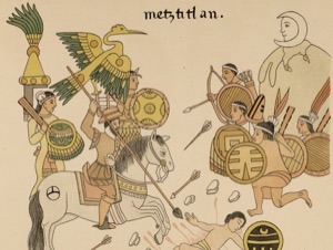 Batalla Mexica: Guerrero a Caballo contra Infantería Indígena — Anónimo tlacuilo mexica