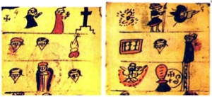 Páginas de un códice colonial con figuras y glifos — Anónimo tlacuilo mexica