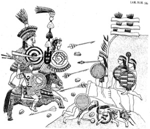 Escena de combate entre guerreros aztecas y españoles