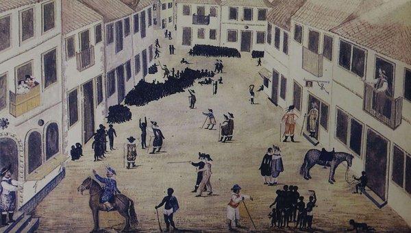 Escena urbana con multitud y jinetes — Zacharias Wagener