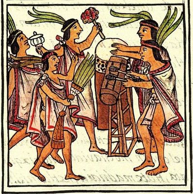 Músicos aztecas tocando un tambor y otros instrumentos — Anónimo (arte prehispánico)