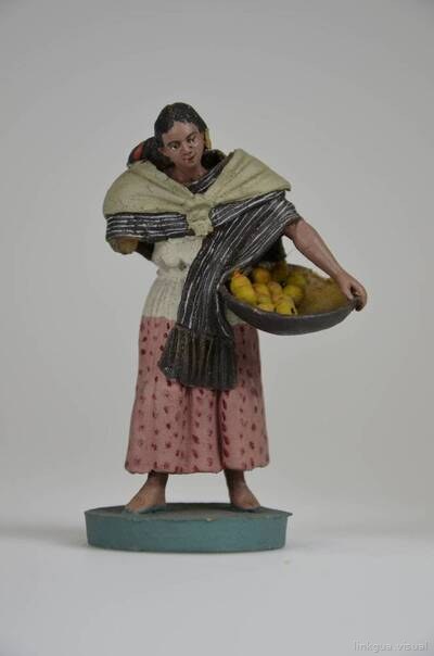 Figura de tipo: Mujer con equipaje y cuenco