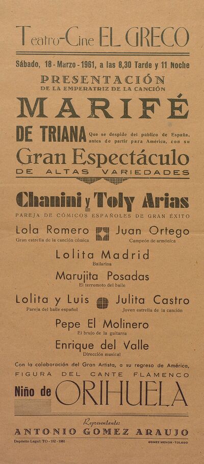 Marifé de Triana [Material gráfico]: gran espectáculo de altas variedades : Teatro-Cine el Greco, marzo — No identificado
