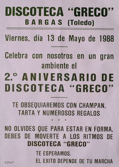 2º aniversario de Discoteca "Greco" [Material gráfico]: Bargas (Toledo), Viernes, día de Mayo de 1988 — No identificado