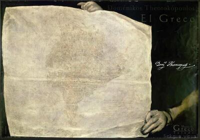 Cartel que reproduce un detalle ampliado del cuadro "Vista y plano de Toledo" pintado por El Greco a principios del siglo XVII y conservado en el Museo del Greco