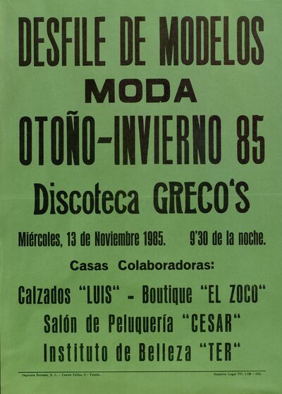 Desfile de modelos [Material gráfico]Moda otoño-invierno 85, discoteca Greco¿s, miércoles de noviembre — No identificado