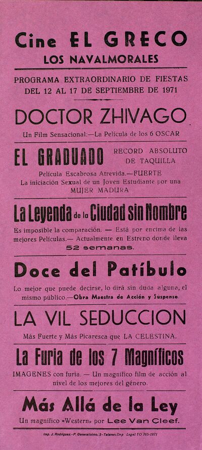 Cine el Greco, los Navalmorales [Material gráfico]: programa extraordinario de fiestas, del al de septiembre de 1971 — No identificado