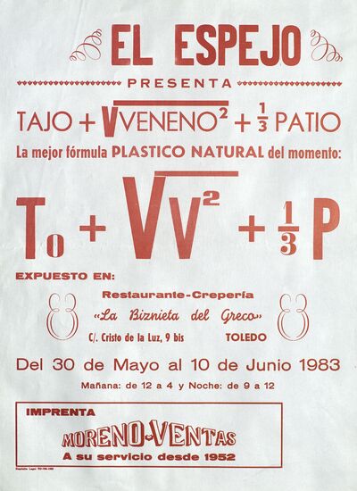 El Espejo presenta la mejor fórmula plástico natural del momento [Material gráfico]: expuesto en Restaurante-Creperia "la Biznieta del Greco", del de mayo al de junio 1983 — No identificado