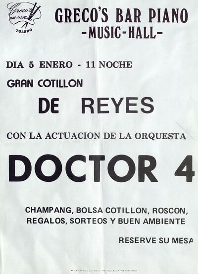 Gran Cotillón de reyes con la actuación de la orquesta Doctor [Material gráfico]: Greco's Bar Piano, Music-hall : día de enero — No identificado