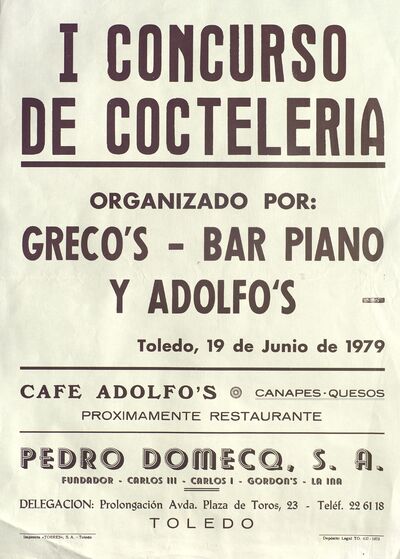 I Concurso de coctelería [Material gráfico]: organizado por Greco¿s, Bar Piano, y Adolfo¿s, Toledo, de junio de 1979 — No identificado