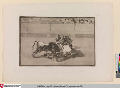 Caida de un picador de su caballo debajo del toro [Sturz eines Picadors vom Pferd unter den Stier; a picador is unhorsed and falls under the bull] — No identificado