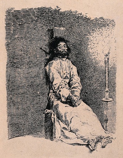 A garrotted man in a dungeon next to a burning candle. Etching by F. De Goya y Lucientes — No identificado