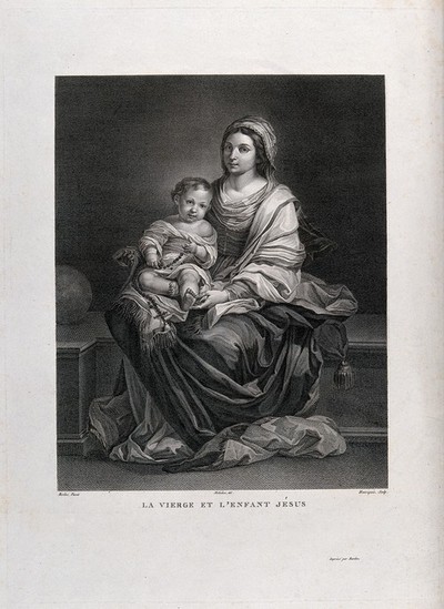 Saint Mary (the Blessed Virgin) with the Christ Child. Engraving by Henriqués after Molenchon after B.E. Murillo — No identificado