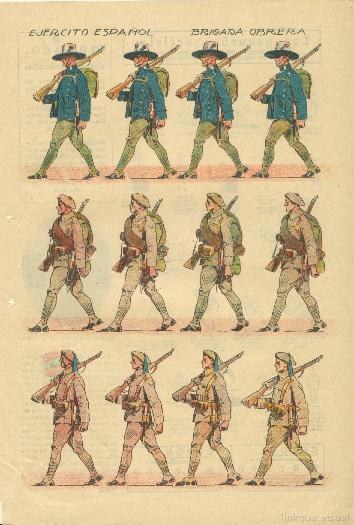Lámina de uniformes del Ejército Español: Brigada Obrera e infantería