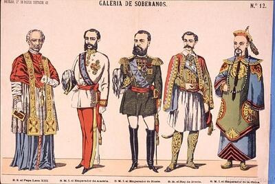 Galería de soberanos: Papa León XIII, Emperador de Austria, Emperador de Rusia, Rey de Grecia y Emperador de China
