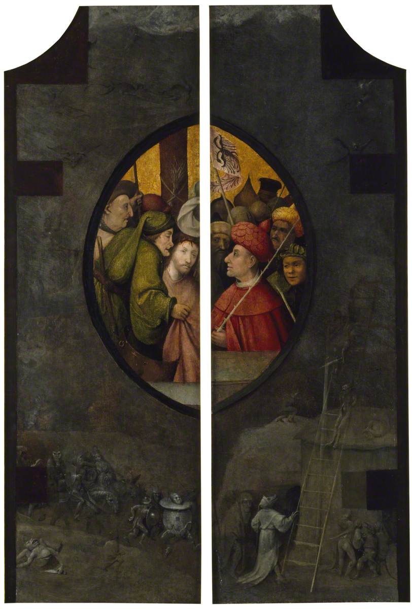 Hieronymus Bosch (c.1450-1516) (and workshop) - Christ before Pilate, Set within Grisailles of the F — El Bosco
