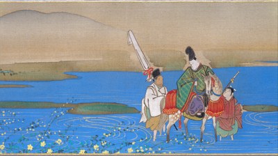 Estilo ukiyo-e, que representa a un grupo de figuras montadas a caballo…