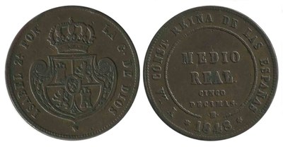 Es una moneda de bronce con el escudo real español en una cara y la… — No identificado