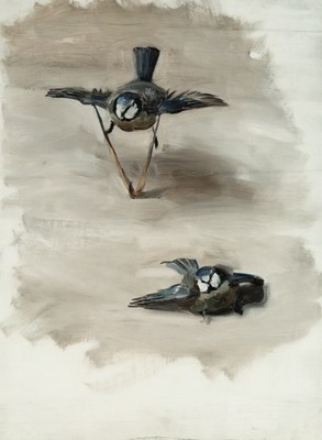 Pintura al óleo muestra dos pájaros azules con un estilo realista y… — No identificado