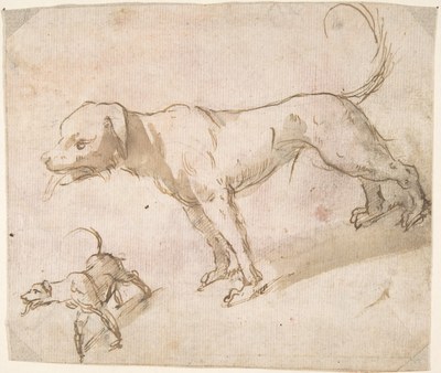 El dibujo a tinta y acuarela muestra dos perros con trazos ágiles y… — No identificado