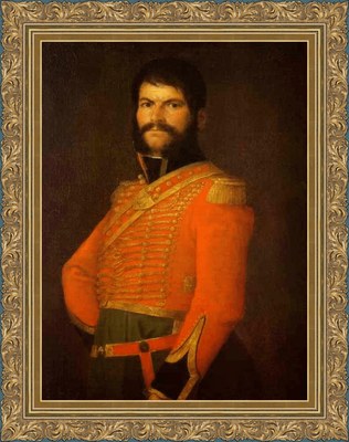 Es un retrato al óleo de un militar vestido con un uniforme rojo… — No identificado
