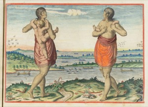 Indígenas con bebés en un paisaje fluvial — John White