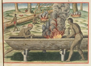 Hombres Indígenas Construyendo una Canoa con Fuego — John White