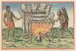 Indígenas americanos cocinando pescado sobre una hoguera — John White