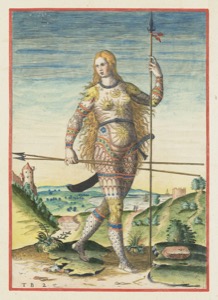Mujer con armadura y lanza en paisaje rural — John White