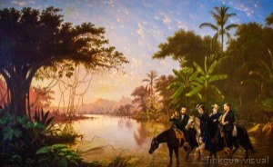 Exploradores a caballo en un paisaje tropical al amanecer