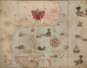 Mapa antiguo con símbolos marítimos y fauna exótica — John White