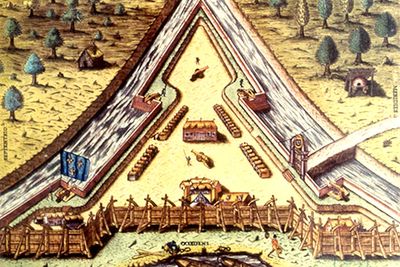 Fortificación militar con foso y murallas — Jacques Le Moyne de Morgues
