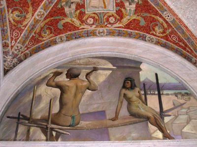 Mural de dos figuras desnudas en un entorno de construcción — John W. Alexander