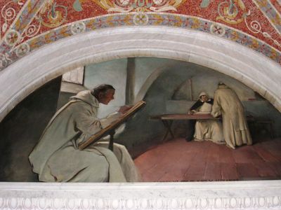 Monjes escribiendo y leyendo en un scriptorium — John W. Alexander