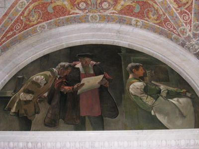 Tres hombres en un interior, uno leyendo un mapa — John La Farge