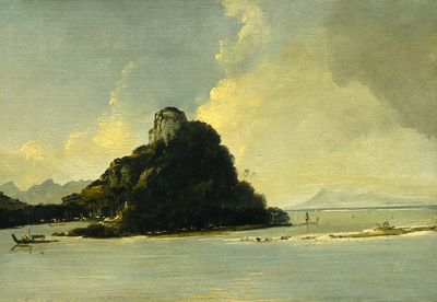 Paisaje con isla rocosa y barcas — Ferdinand Krumholz