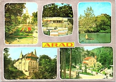 Arad - 1. Vista del parque; 2. Lipova - el balneario; 3. Lipova - Fortaleza de Șoimuș; 4. Ghioroc - Cabaña de los Viñedos; 5. Moneasa - Vista de la estación balnearia