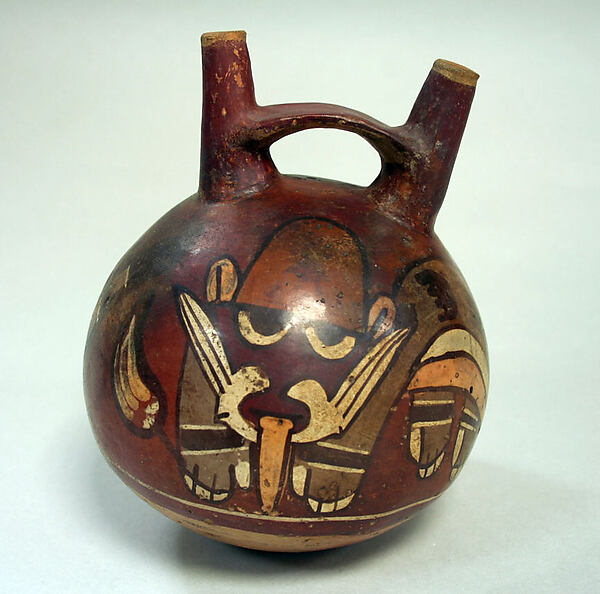 Double Spout and Bridge Bottle with Faces — Nasca